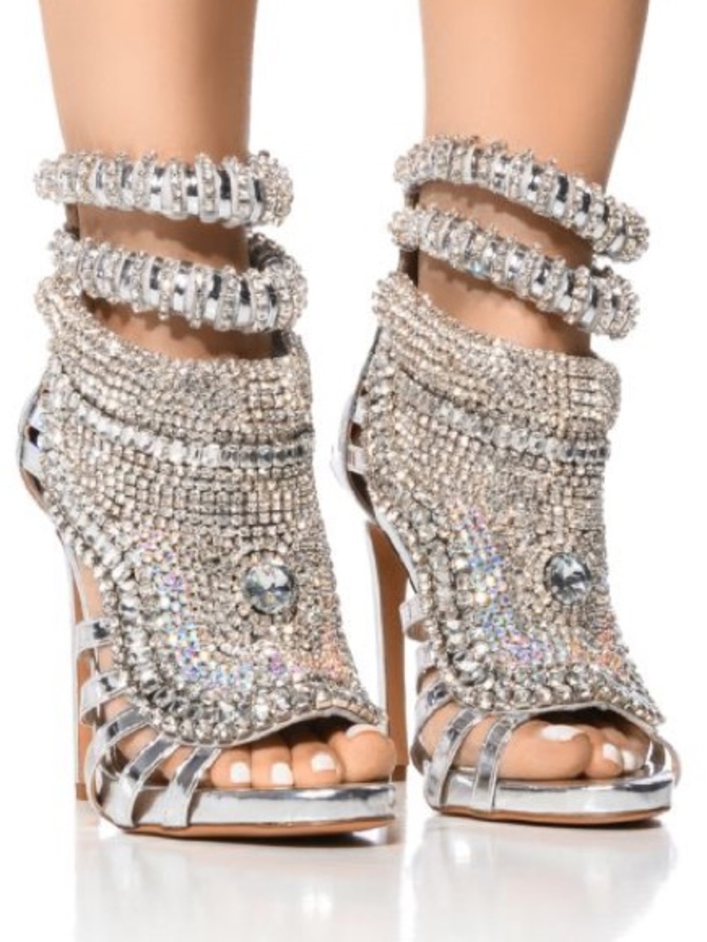 Azalea Wang | Pusher Crystal-Embellished Silver High Heel Sandals | NIB | 8.5